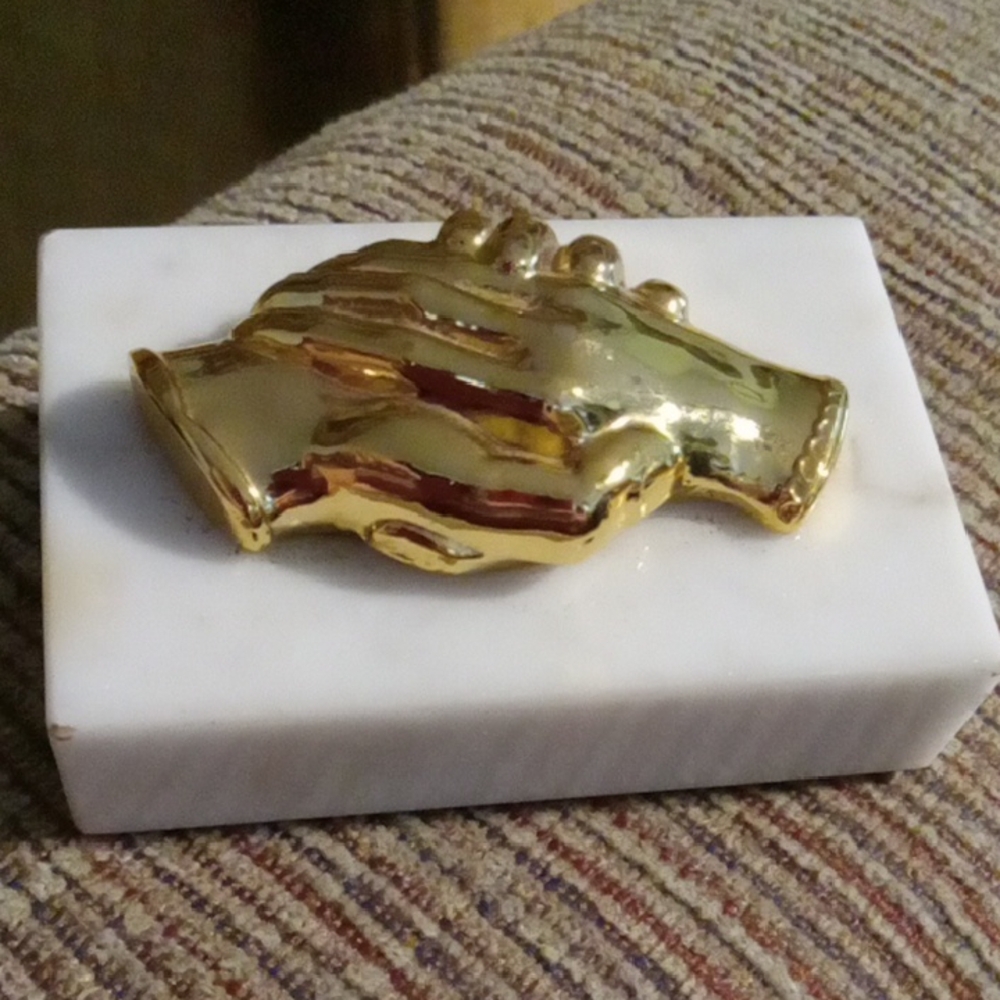 Vintage Handshake Paperweight on White Marble Base
